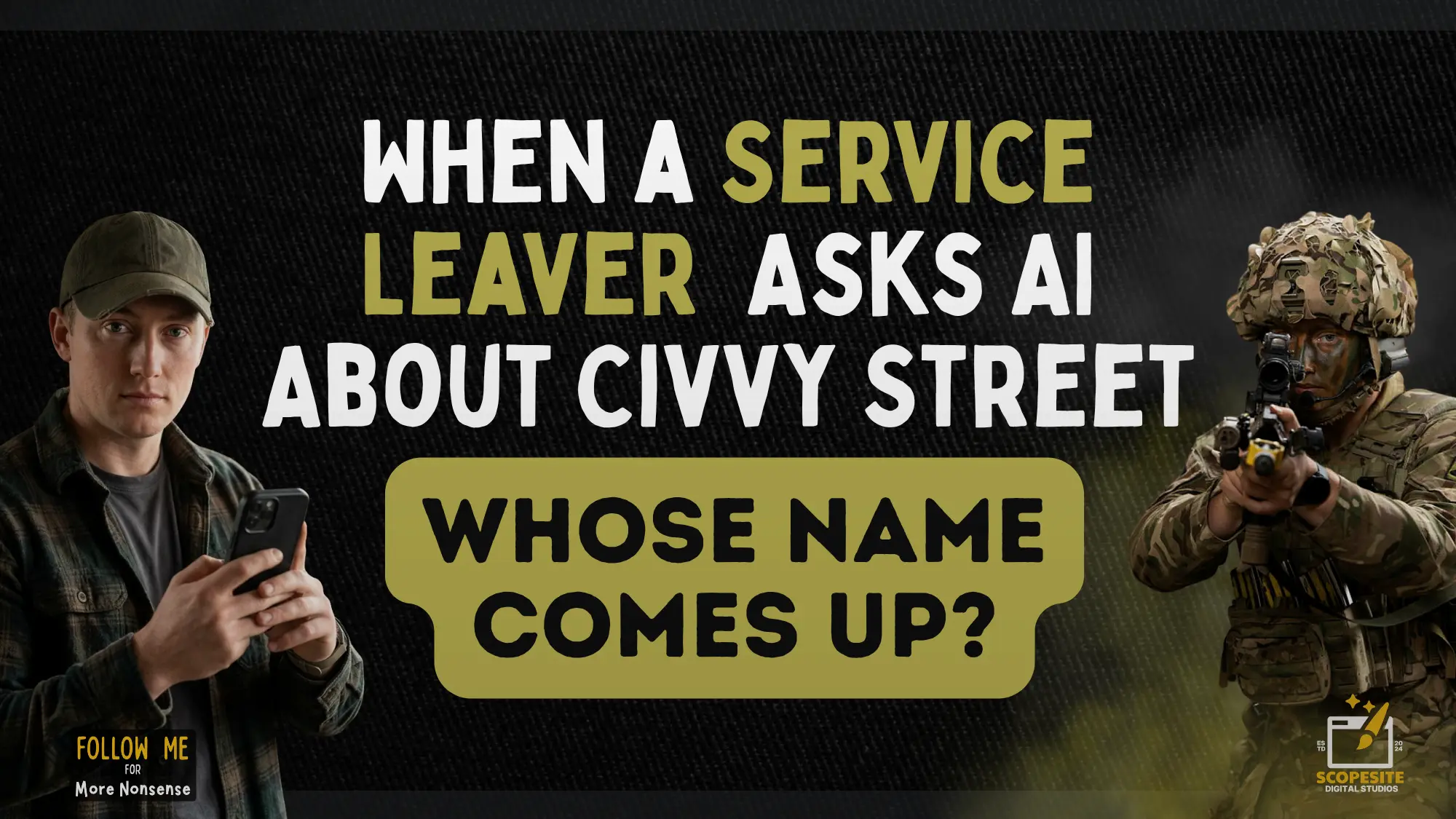 British Army service leaver in civilian clothes checking his phone, asking AI about civvy street jobs